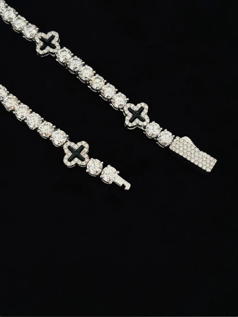 10MM Silver Round Four Leaf Clover Tennis Moissanite Chain For Men