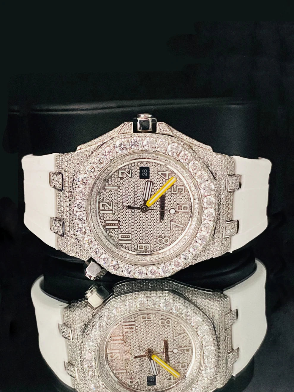 Big Bezel Iced Out Moissanite White Silicon Belt Watch
