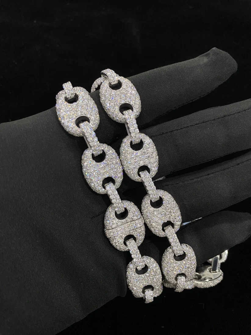 Silver iced out mariner chain jewelry with pave diamonds, puffed coffee bean link necklace
