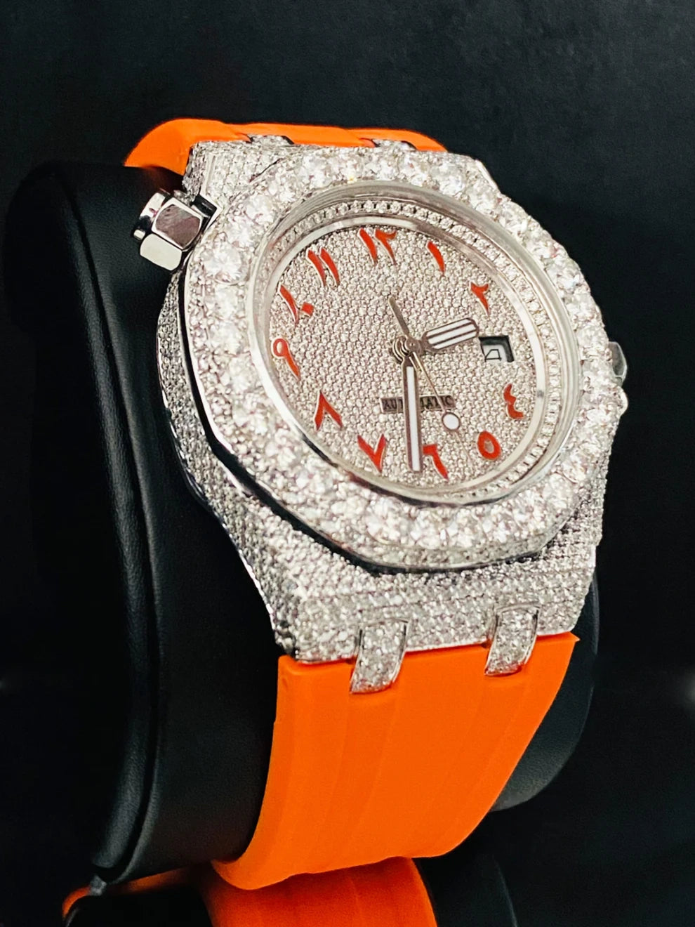 Orange Silicone Belt Bling Fully Iced Out Diamond Watch