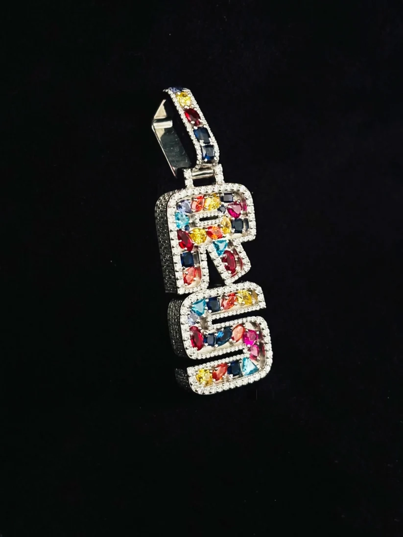 Custom iced out multi color stone RS letter pendant hip hop jewelry