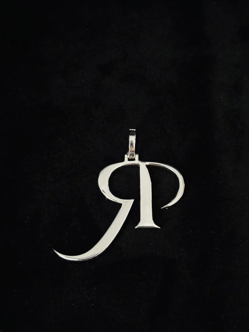 back view Handcrafted sterling silver RP monogram letter pendant, personalized initial jewelry piece
