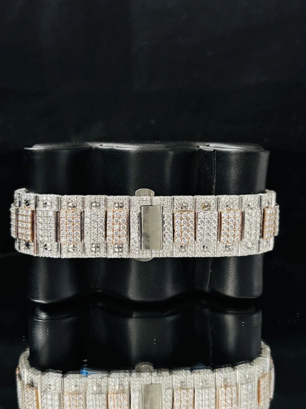 Men Dual Ton Skeleton Dial Fully Ice Out Moissanite Watch