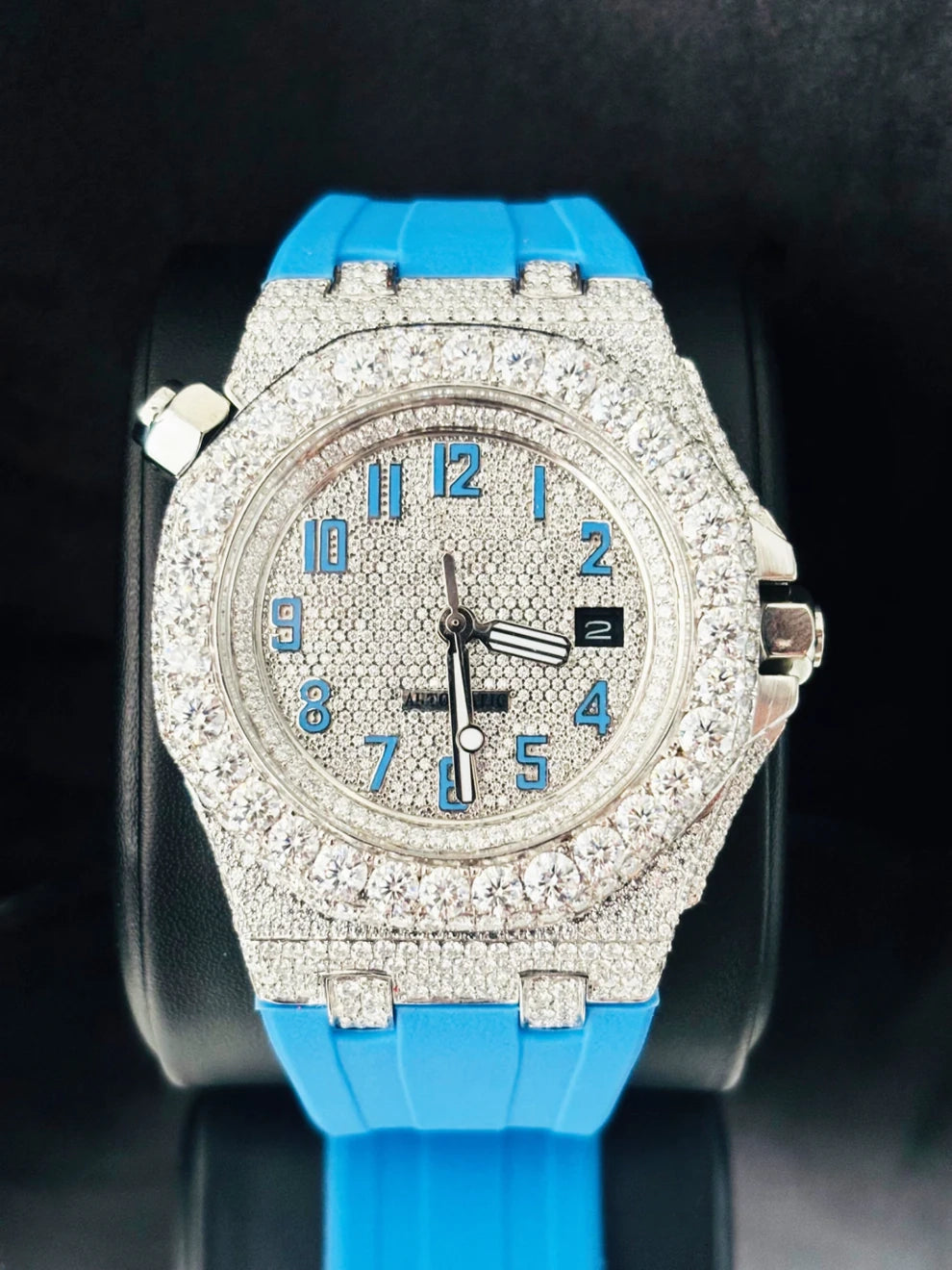 Sky Blue Silicon Straps Moissanite Bust Down Diamond Watch