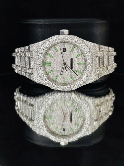 Custom diamond iced-out luxury watch with green accents