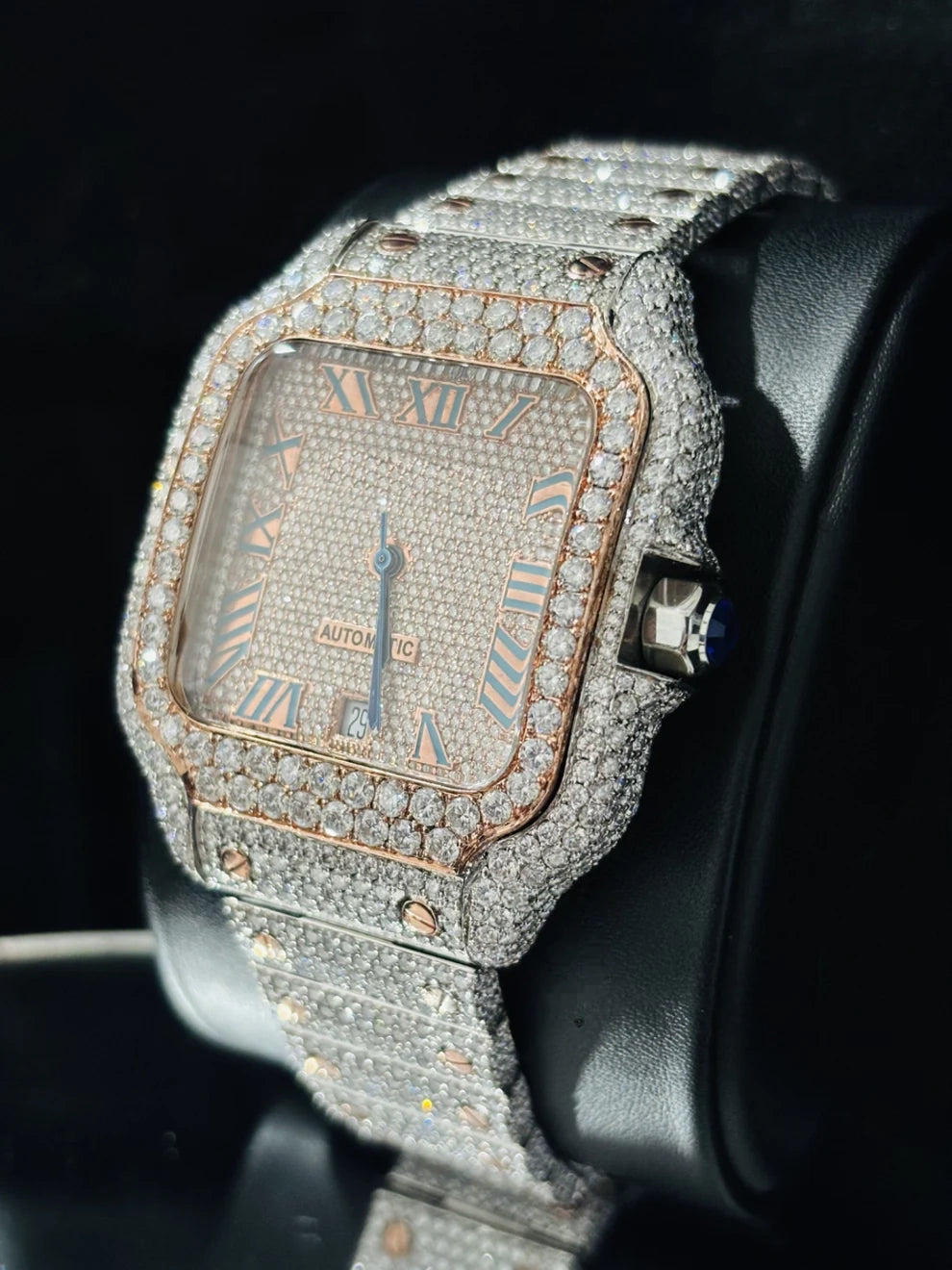 Two Tone Sky Blue Roman Number Moissanite Watch