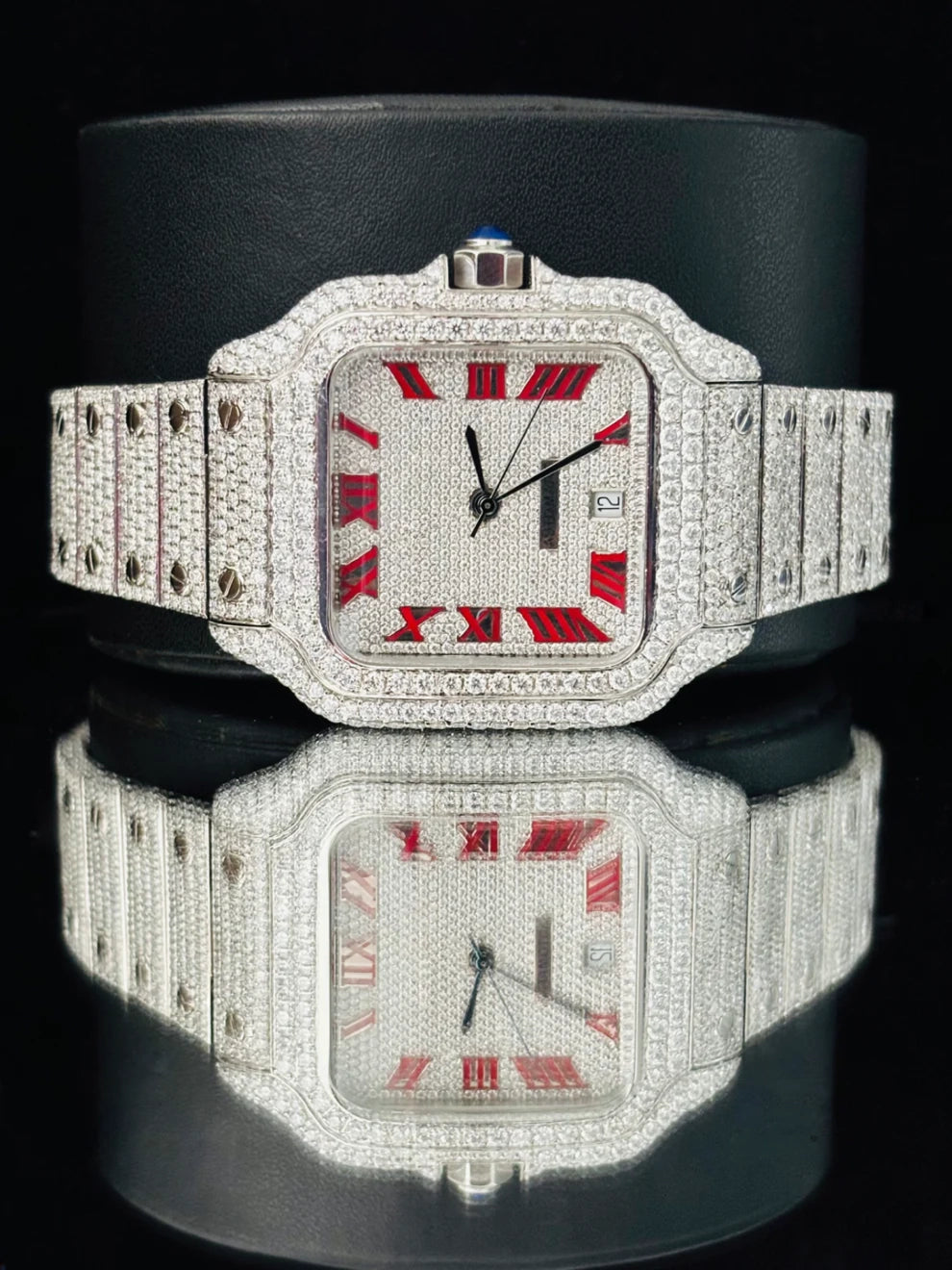 Red Roman Number VVS Moissanite Studded Iced Out Watch