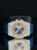 Blue Chronograph Face Dial Rubber Strap Moissanite Watch