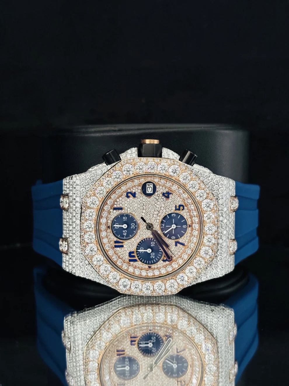 Blue Chronograph Face Dial Rubber Strap Moissanite Watch
