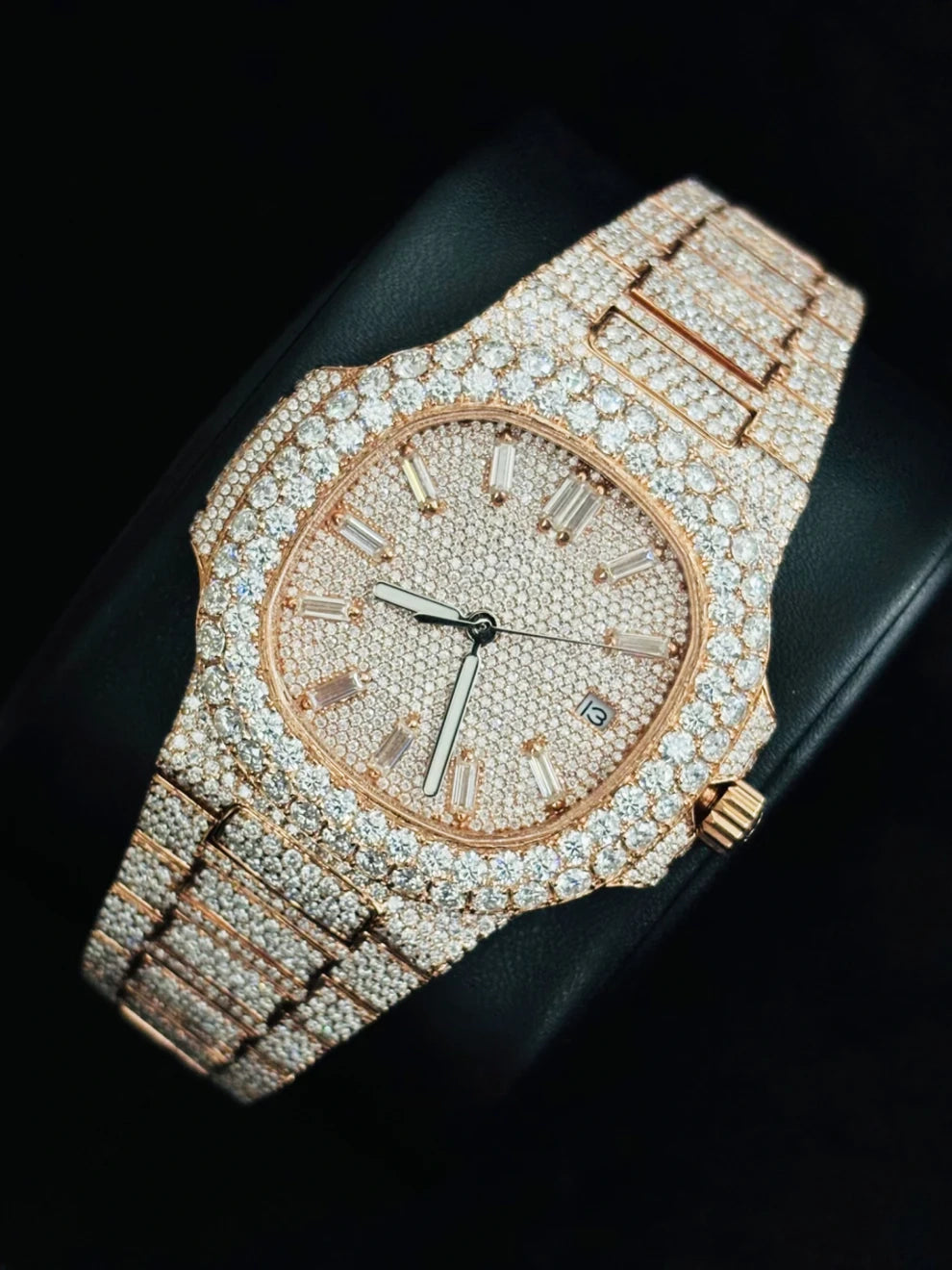 Fully Studded Bust Down Baguette Bar Moissanite Watch