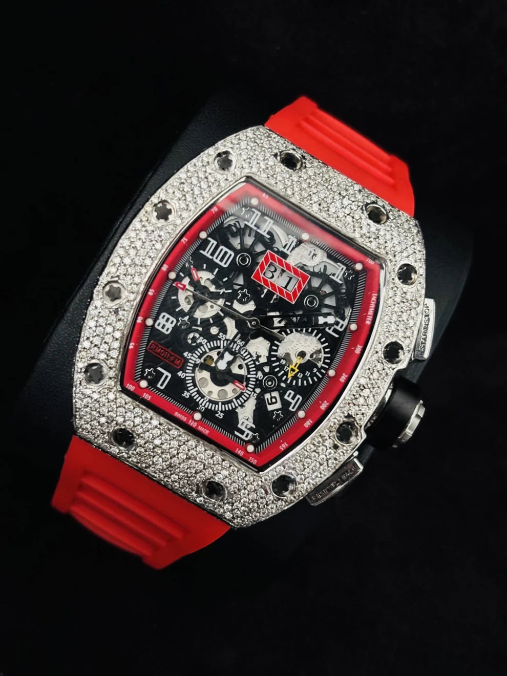 Red Rubber Strap Skeleton Dial Moissanite Automatic Watch