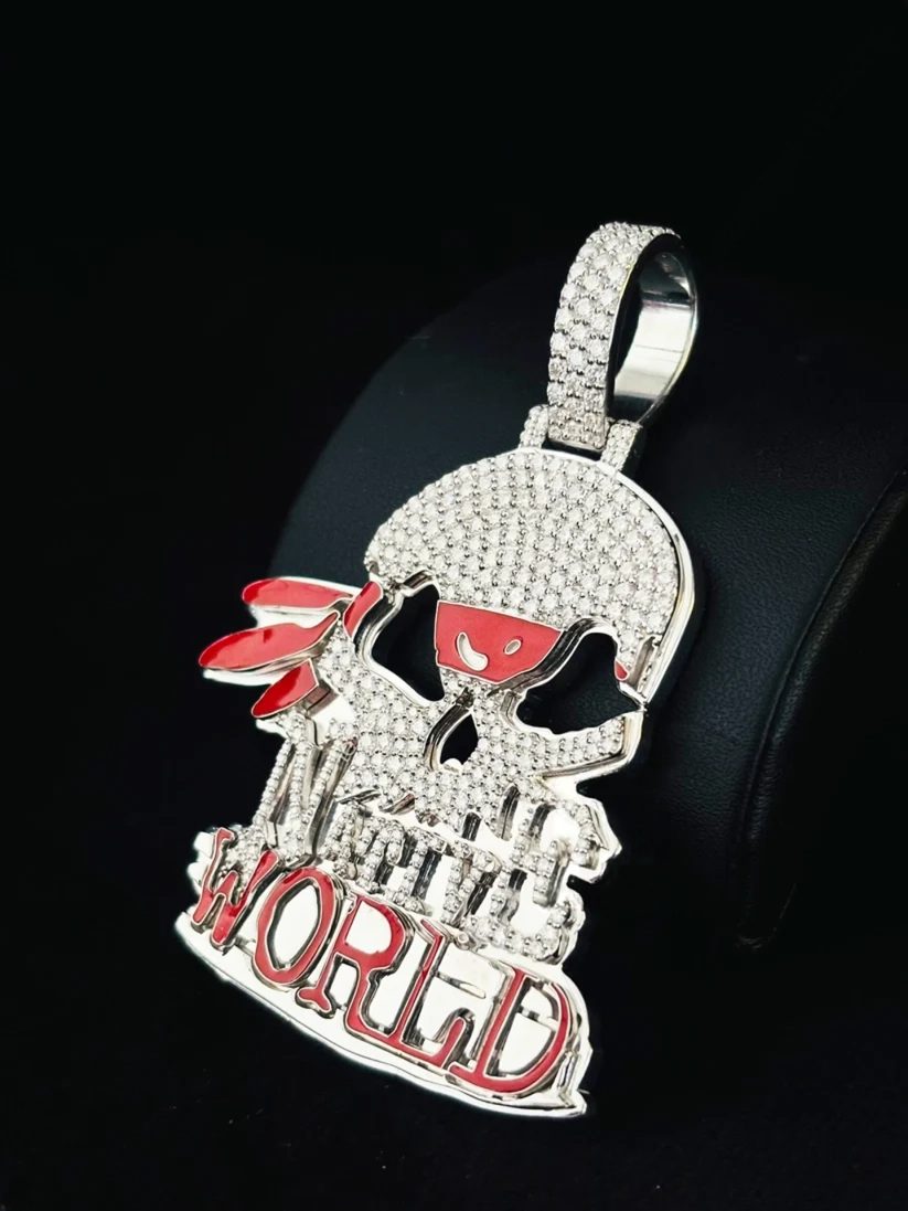 Custom skull moissanite iced out hip hop pendant in 925 sterling silver with red enamel details