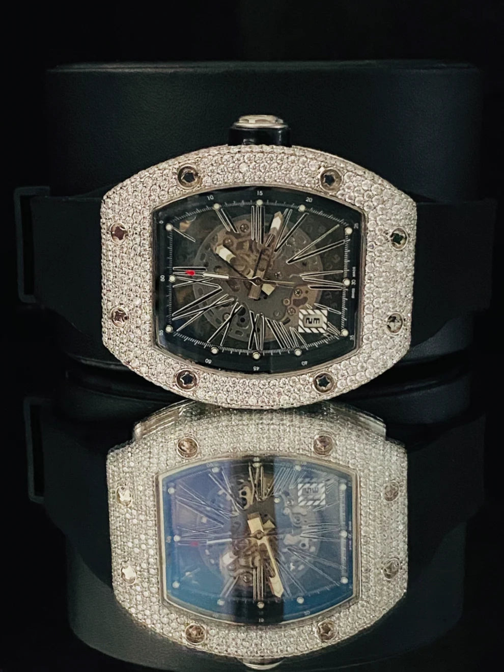 Black Silicon Or Rubber Belt Fully Ice Out Moissanite Watch