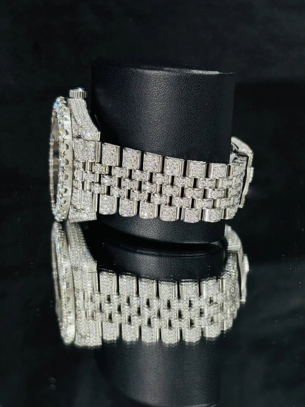 Jubilee Strap Black Dial Bust Down Moissanite Wrist Watch