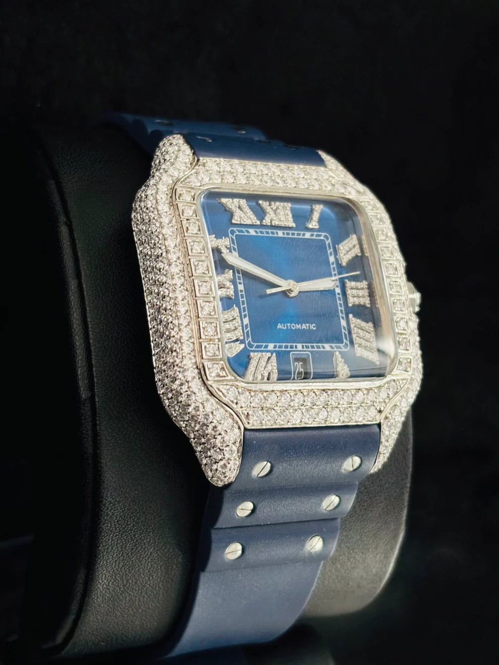 Silicone Rubber Strap and Blue Bezel Dial Moissanite Watch