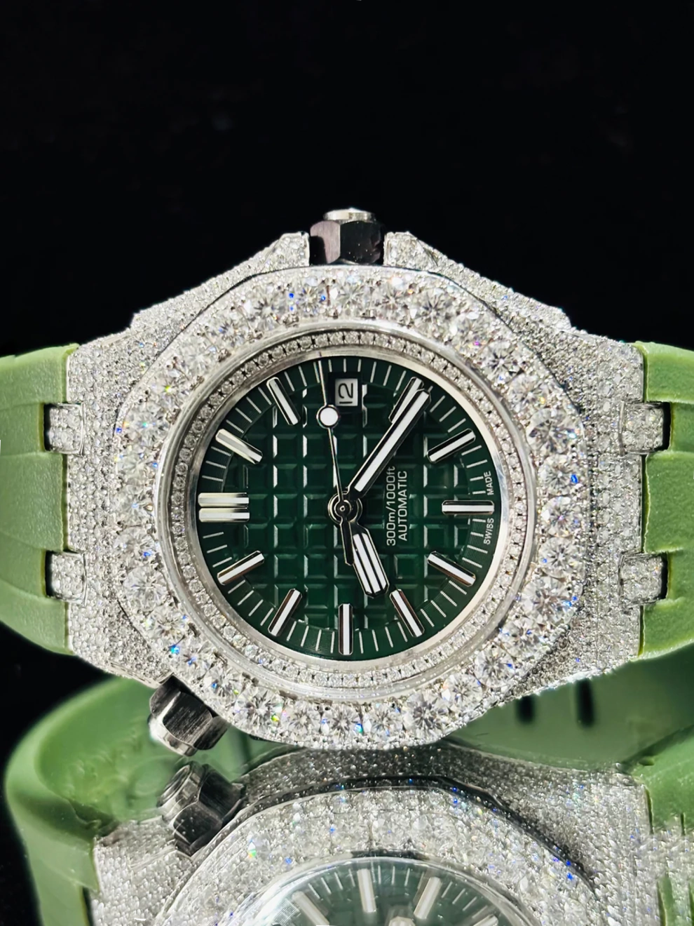 Green Dial VVS Moissanite Stainless Steel Bezel Diamond Watch