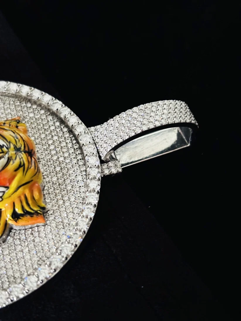 Iced out 3D enamel tiger head medallion pendant with pavé diamonds