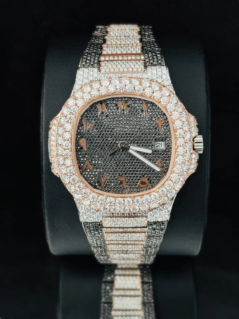 Dual Tone Black & White Diamond Iced Out Moissanite Watch