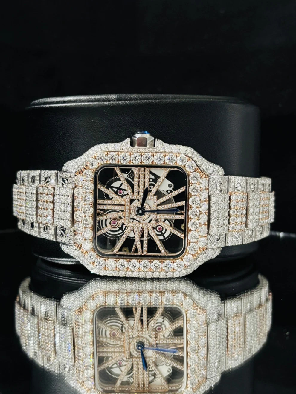Men Dual Ton Skeleton Dial Fully Ice Out Moissanite Watch