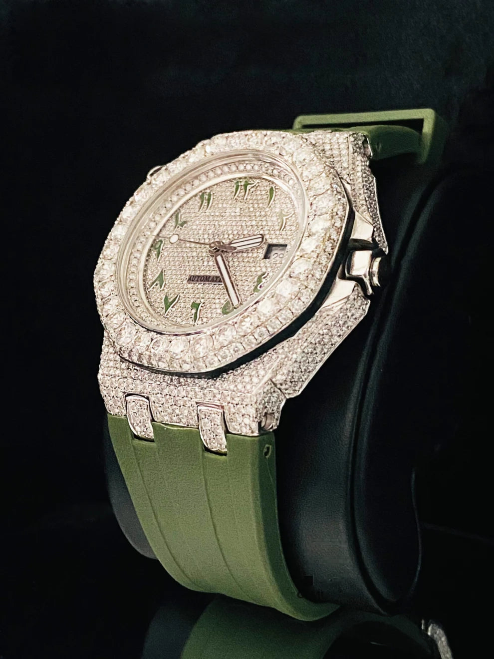 Iced Out VVS Moissanite Watch With Green Silicon Straps