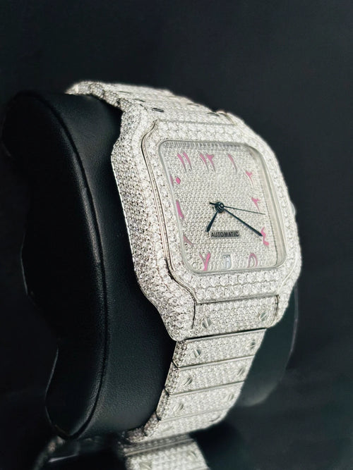 side view of the Luxury diamond encrusted square watch with pink Arabic dial