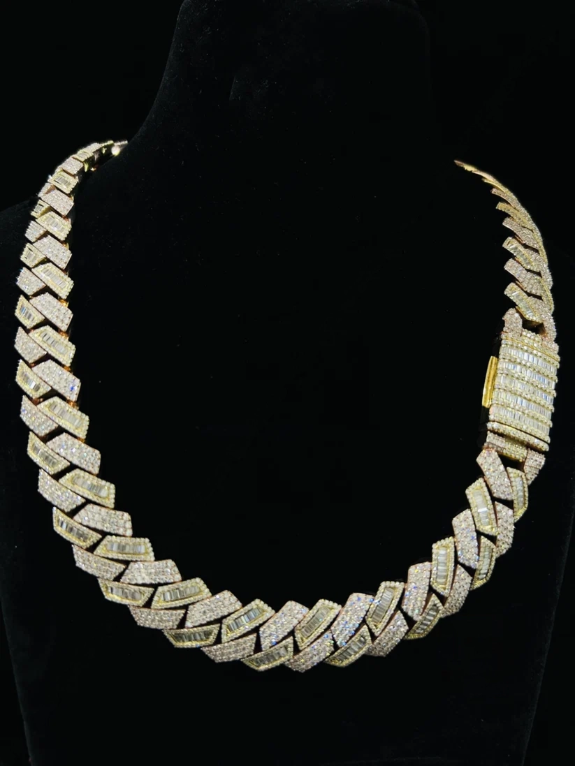 front view of the Gold baguette diamond Cuban link chain necklace 