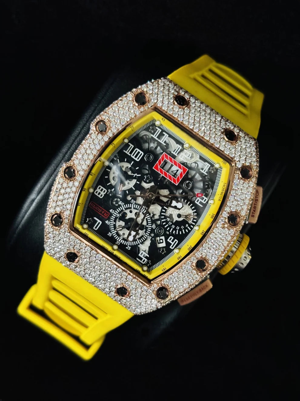 Skeleton Dial Yellow Rubber Strap Moissanite Watch For Men