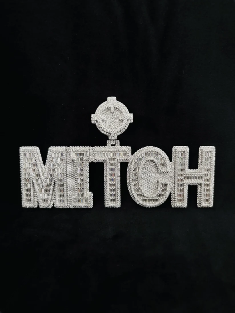 front view Custom diamond MITCH nameplate pendant with baguette and round stones