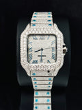 Men Sky Blue Roman Number Fully Studded Moissanite Watch