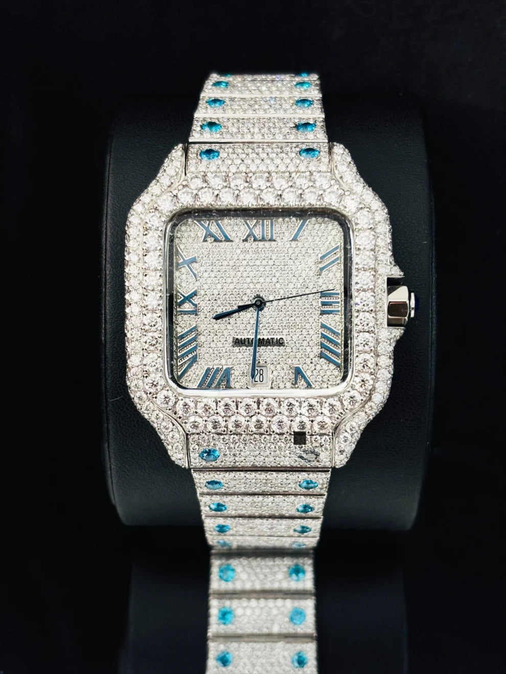 Men Sky Blue Roman Number Fully Studded Moissanite Watch