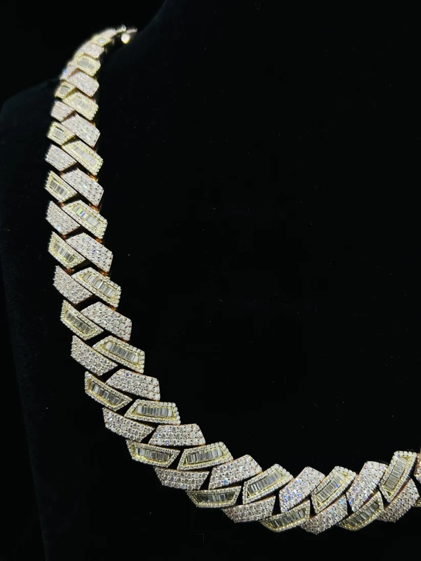 Men's iced-out diamond prong Cuban link chain necklace in yellow gold