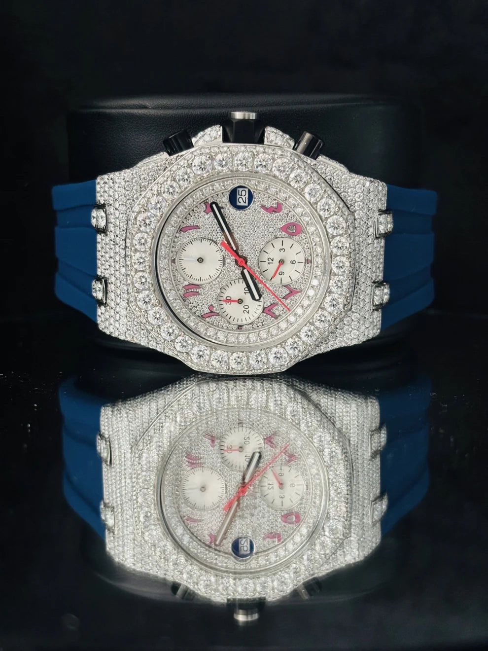 Blue Silicon Strap Fully Face Dial Moissanite Diamond Watch