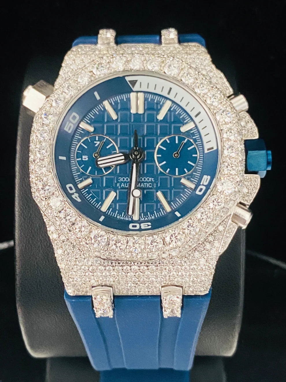 Bezel Dial Royal Blue Silicon Strap Hip Hop Moissanite Watch