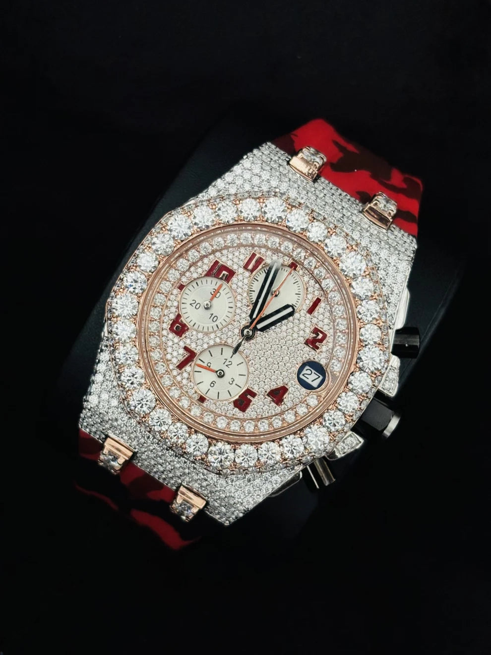 Red Army Silicon Band Multi Chronograph Moissanite Stone Watch
