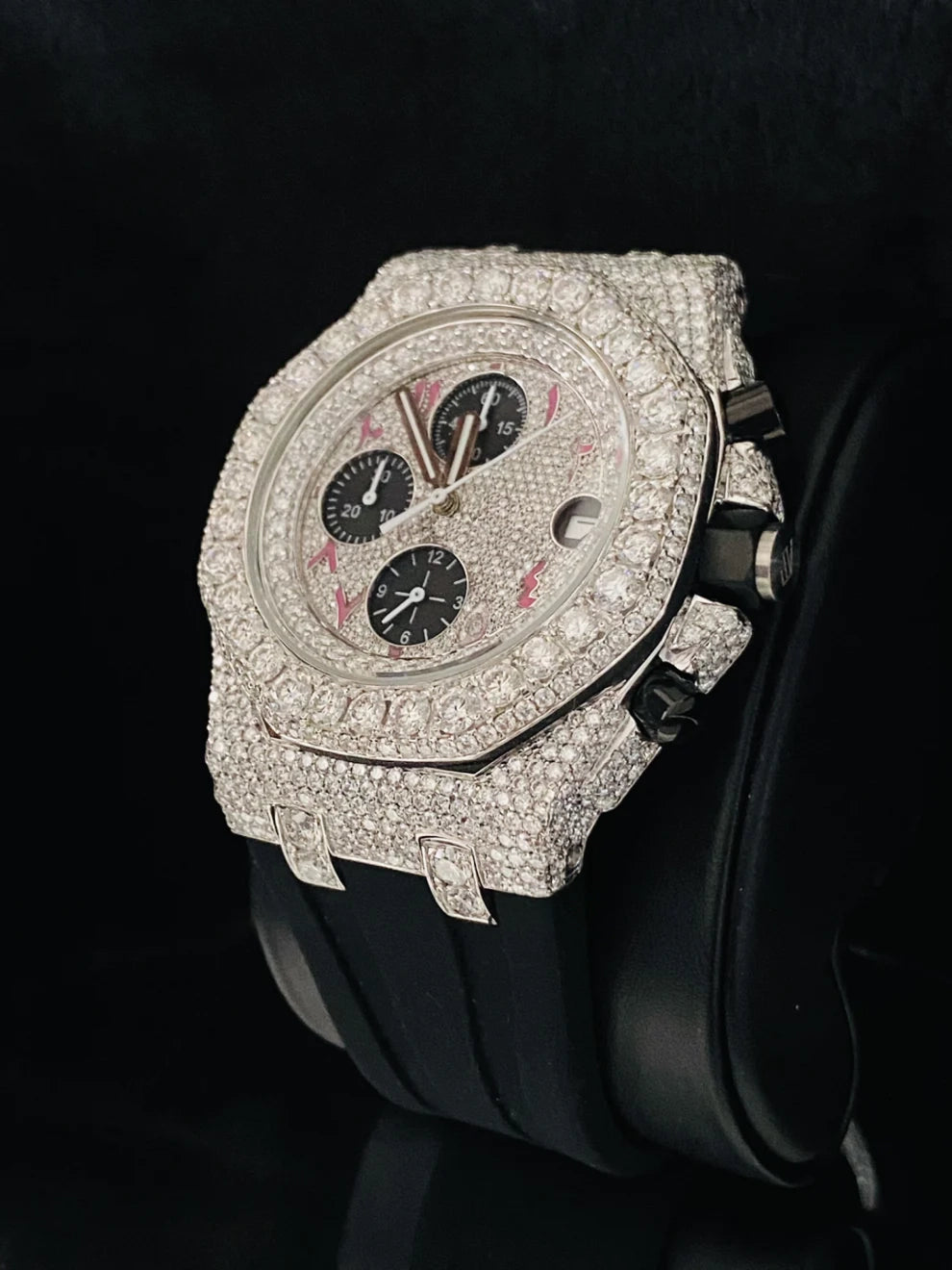 Black Rubber Strap Multi Chronograph VVS Moissanite Watch