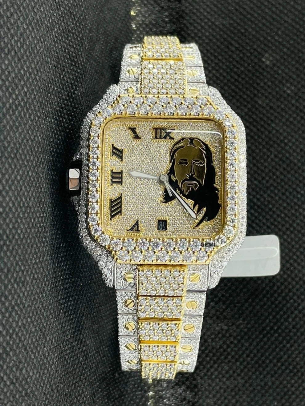 Trendy Jesus Face Fully Bust Down Moissanite Two Tone Wrist Watch