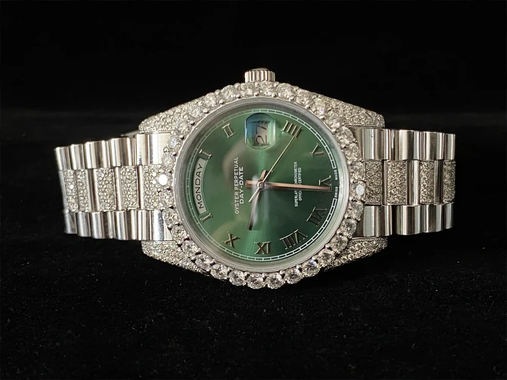 Elegant Olive Green Dial Presidential Strap Moissanite Watch
