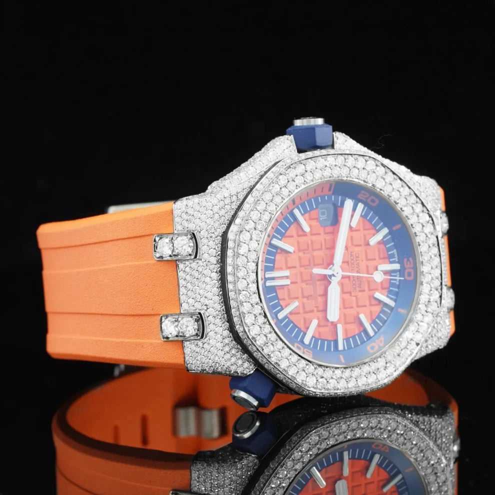 Men's Orange Belt Moissanite Diamond Hip Hop Wrist Watch