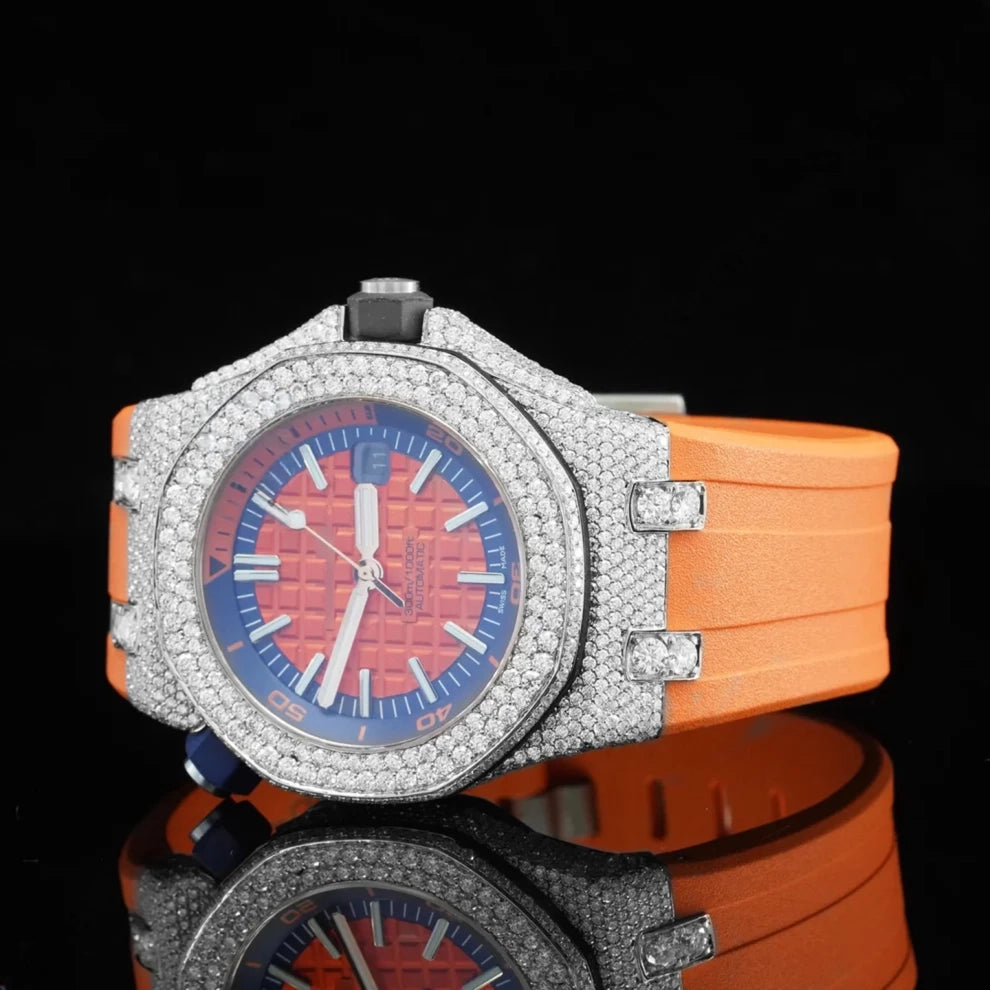 Men's Orange Belt Moissanite Diamond Hip Hop Wrist Watch