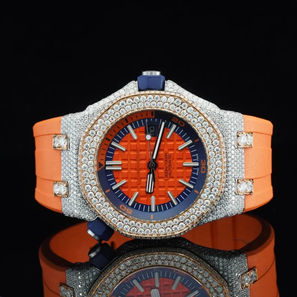 Men's Orange Belt Moissanite Diamond Hip Hop Wrist Watch