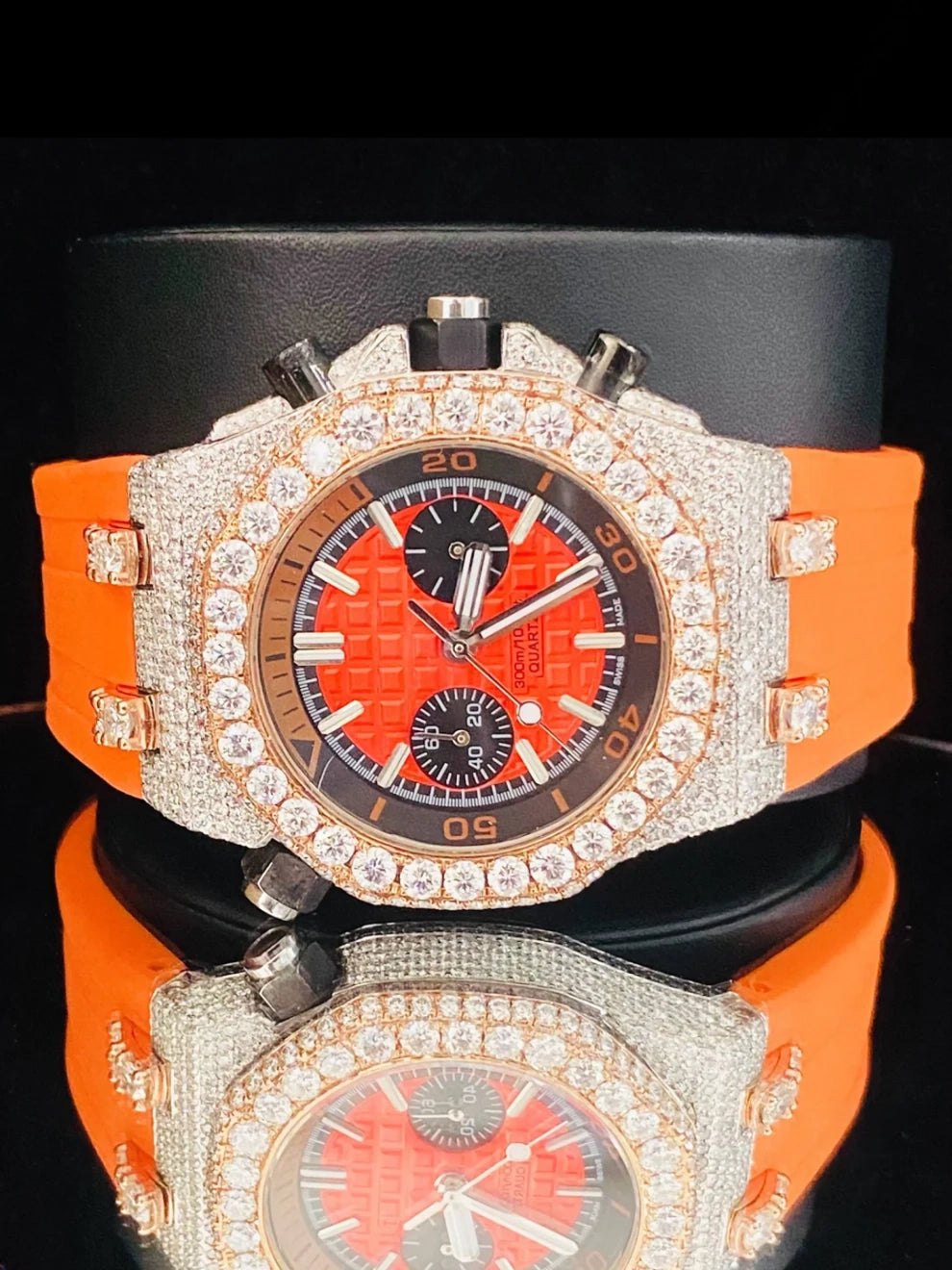 Orange Color Silicon Rubber Strap Bust Down Moissanite Watch