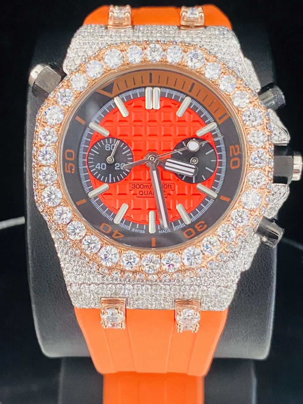 Orange Color Silicon Rubber Strap Bust Down Moissanite Watch