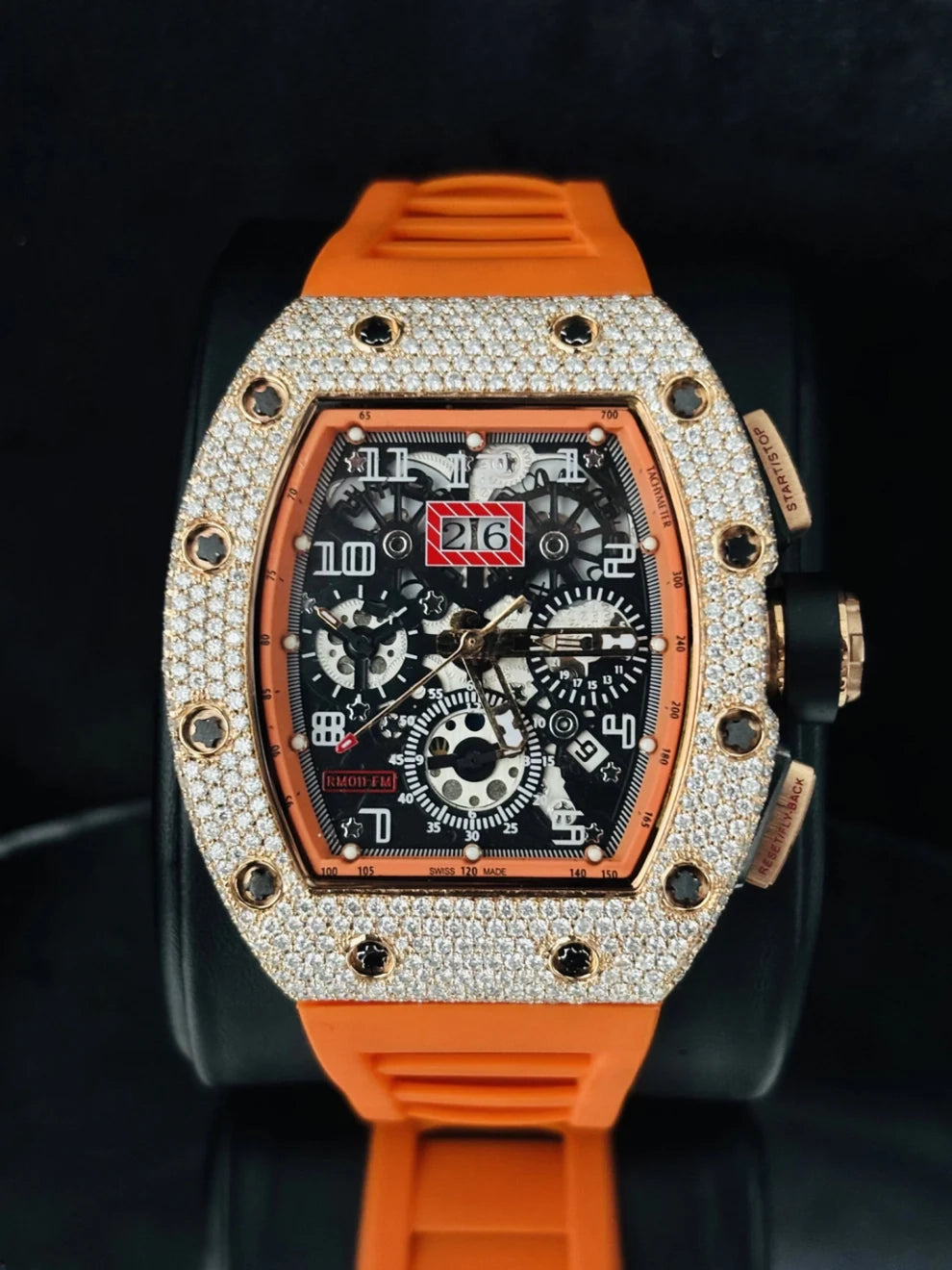 Orange Silicon Strap Skeleton Dial Moissanite Watch