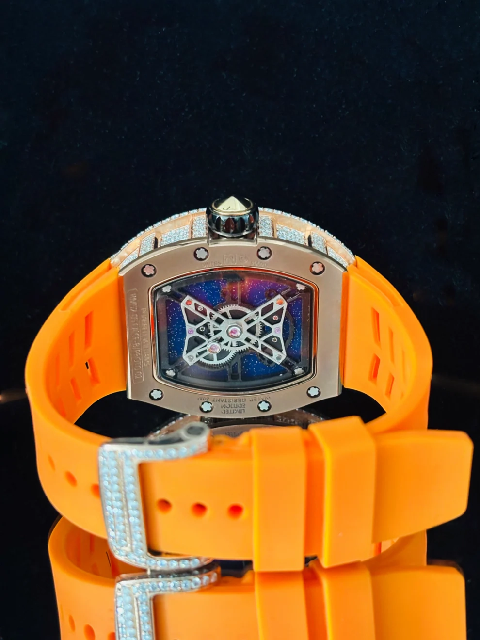 Orange Silicon Fully Ice Out Moissanite Stainless Steel Watch
