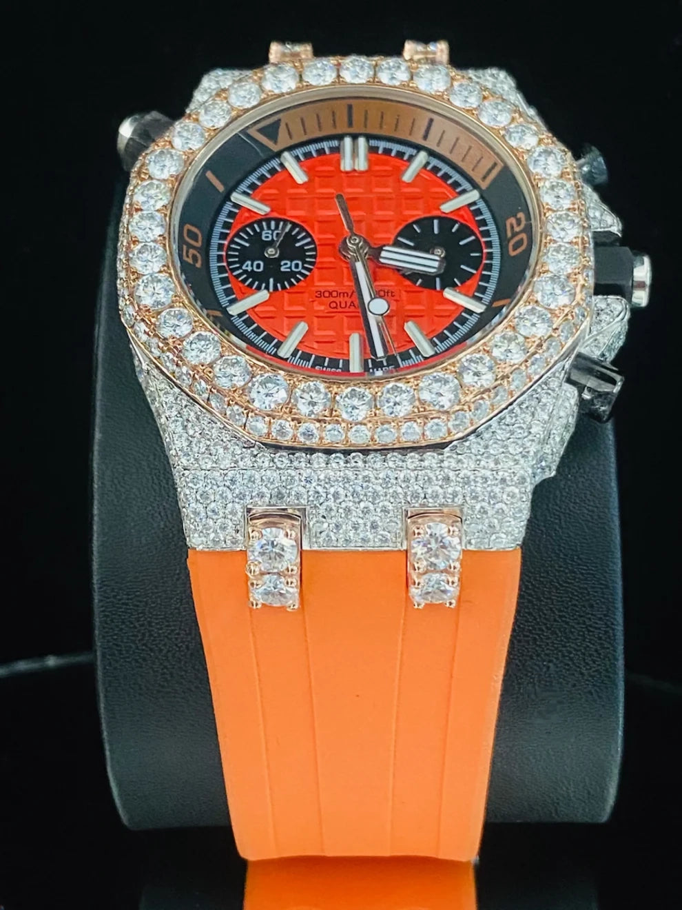 Orange Color Silicon Rubber Strap Bust Down Moissanite Watch