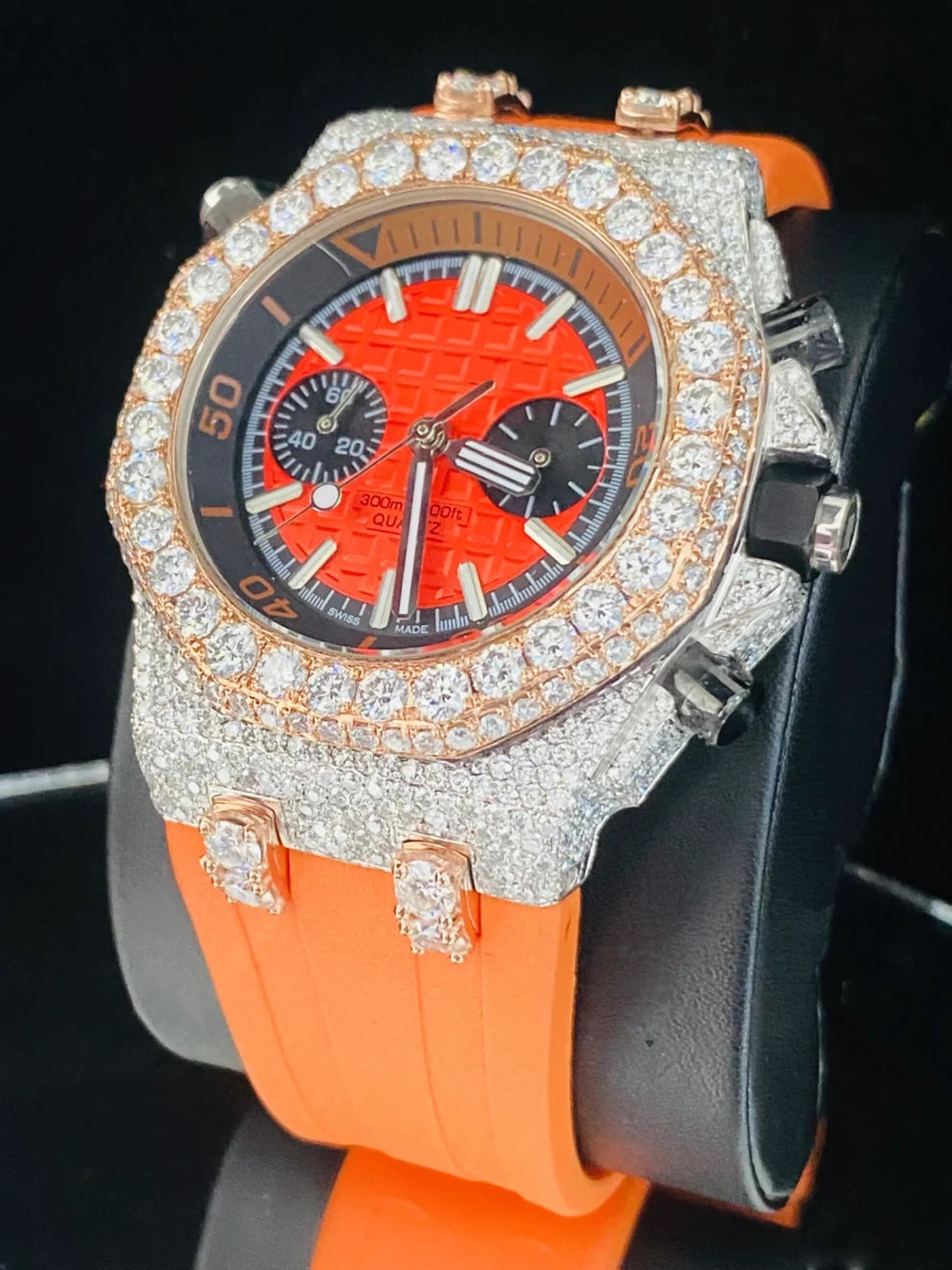 Orange Color Silicon Rubber Strap Bust Down Moissanite Watch
