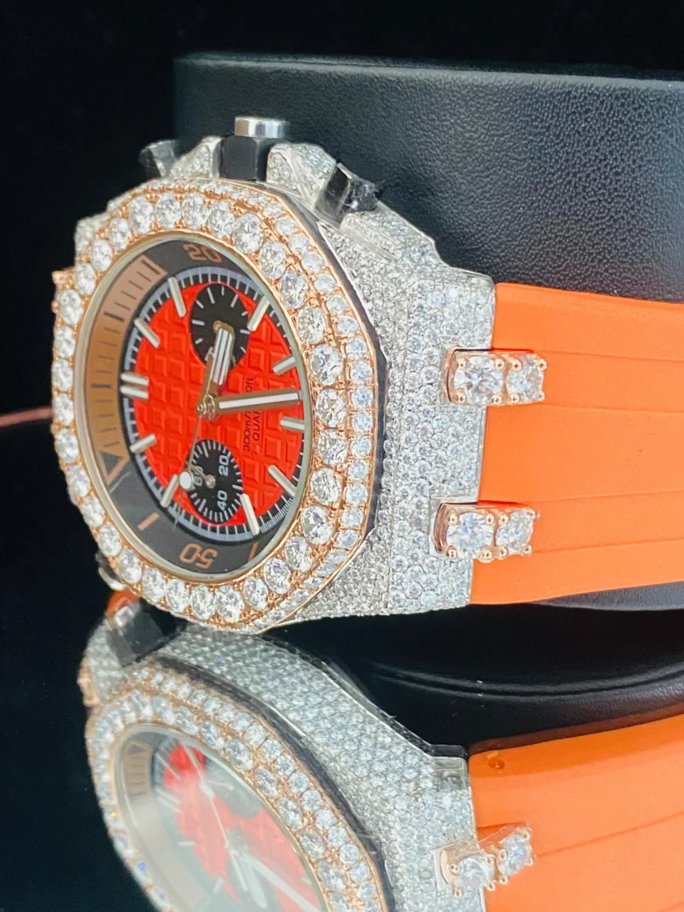 Orange Color Silicon Rubber Strap Bust Down Moissanite Watch
