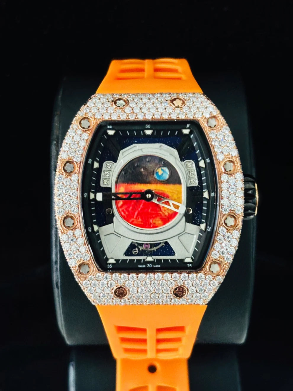 Orange Silicon Fully Ice Out Moissanite Stainless Steel Watch