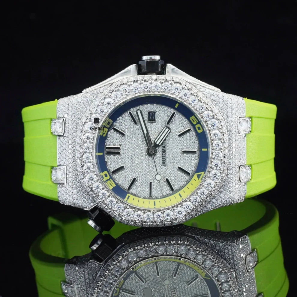 Parrot Green Silicon Straps Moissanite Bust Down Diamond Watch