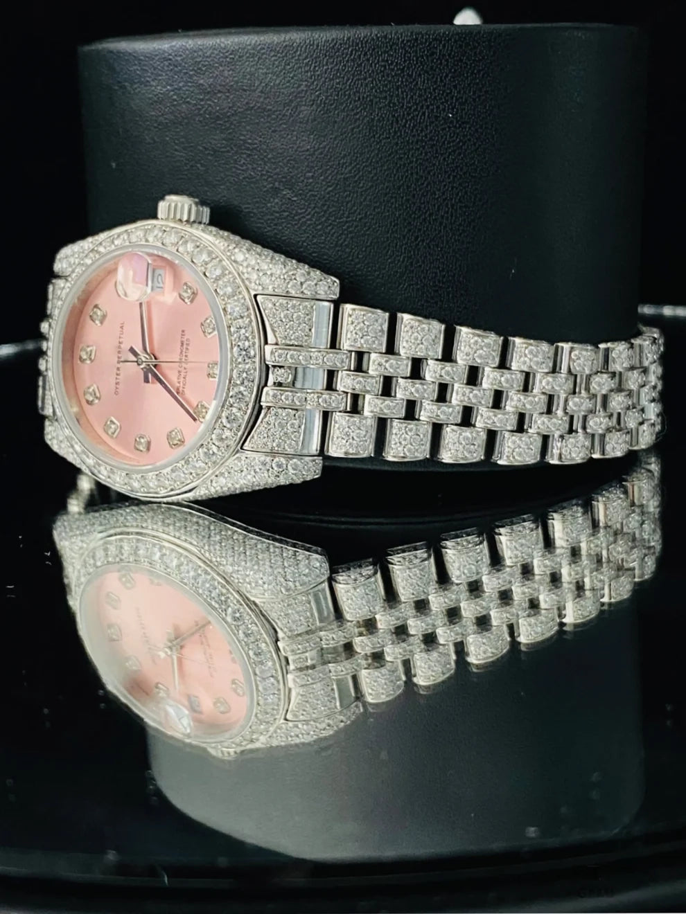 31MM Fully White Iced Out Pink Dial Moissanite Watch For Women
